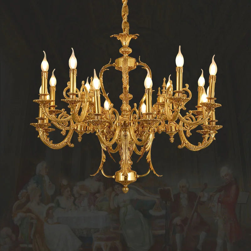 European Style Luxury Villa Living Room Dining Bedroom Copper Pendant Lamp French Vintage Duplex Brass Chandelier