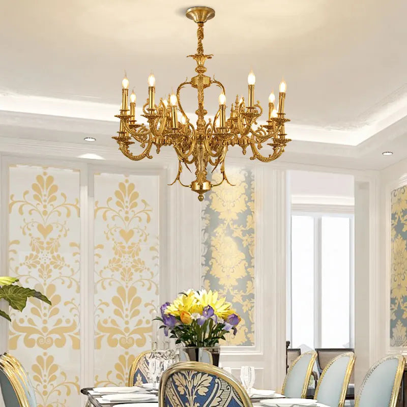 European Style Luxury Villa Living Room Dining Bedroom Copper Pendant Lamp French Vintage Duplex Brass Chandelier