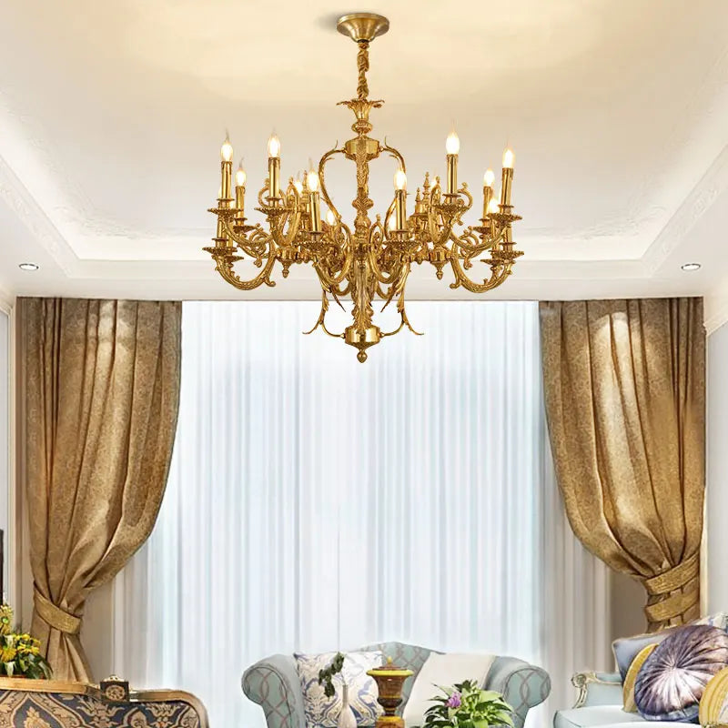 European Style Luxury Villa Living Room Dining Bedroom Copper Pendant Lamp French Vintage Duplex Brass Chandelier