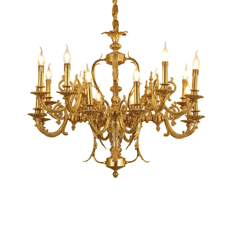 European Style Luxury Villa Living Room Dining Bedroom Copper Pendant Lamp French Vintage Duplex Brass Chandelier