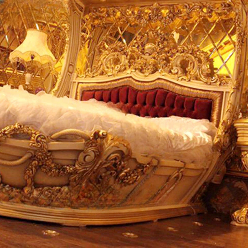 European-Style Wood Carved Double Bed Luxury Boat Style French Fabric Princess Villa Bedroom Furniture
