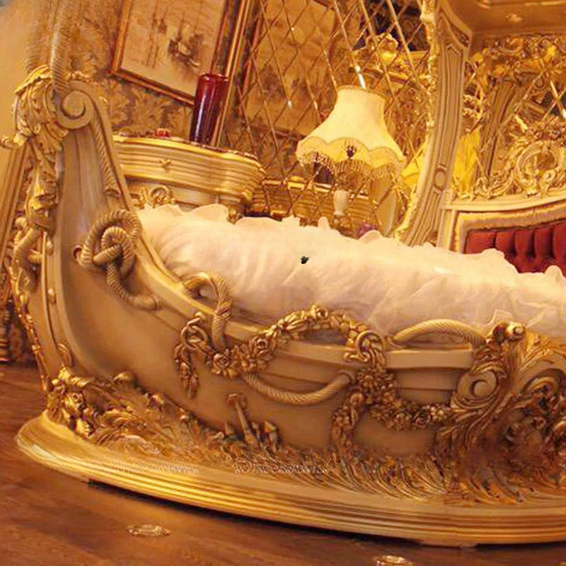 European-Style Wood Carved Double Bed Luxury Boat Style French Fabric Princess Villa Bedroom Furniture