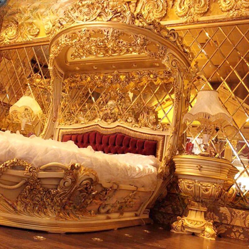 European-Style Wood Carved Double Bed Luxury Boat Style French Fabric Princess Villa Bedroom Furniture