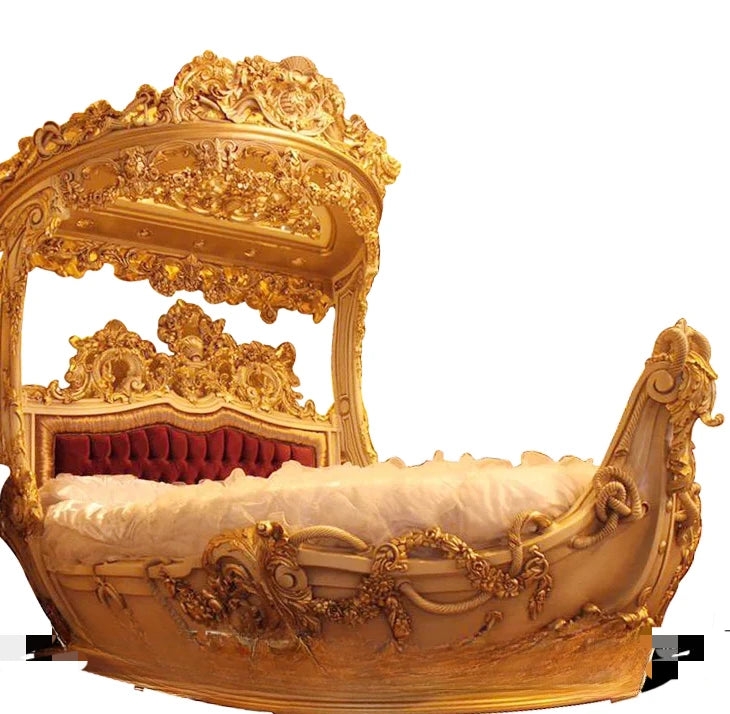 European-Style Wood Carved Double Bed Luxury Boat Style French Fabric Princess Villa Bedroom Furniture