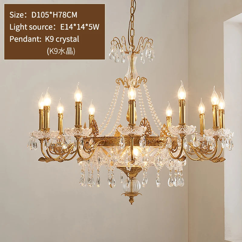 European copper crystal chandelier living room dining room bedroom study French luxury retro villa court personalized lamps