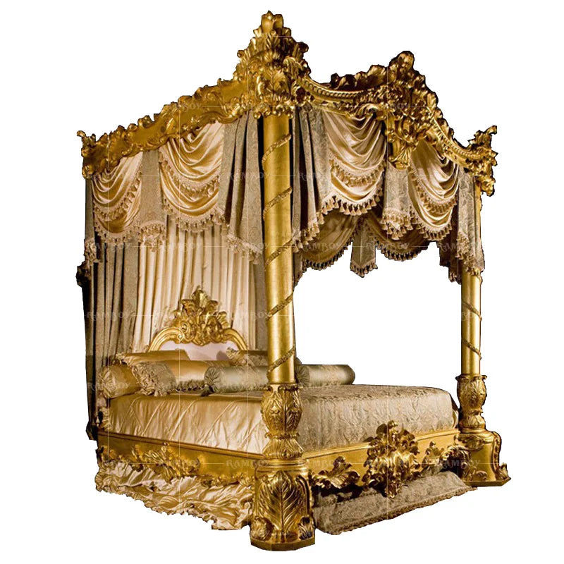 European court prince bed villa bedroom princess wedding bed Italy solid wood gold foil shelf curtain bed