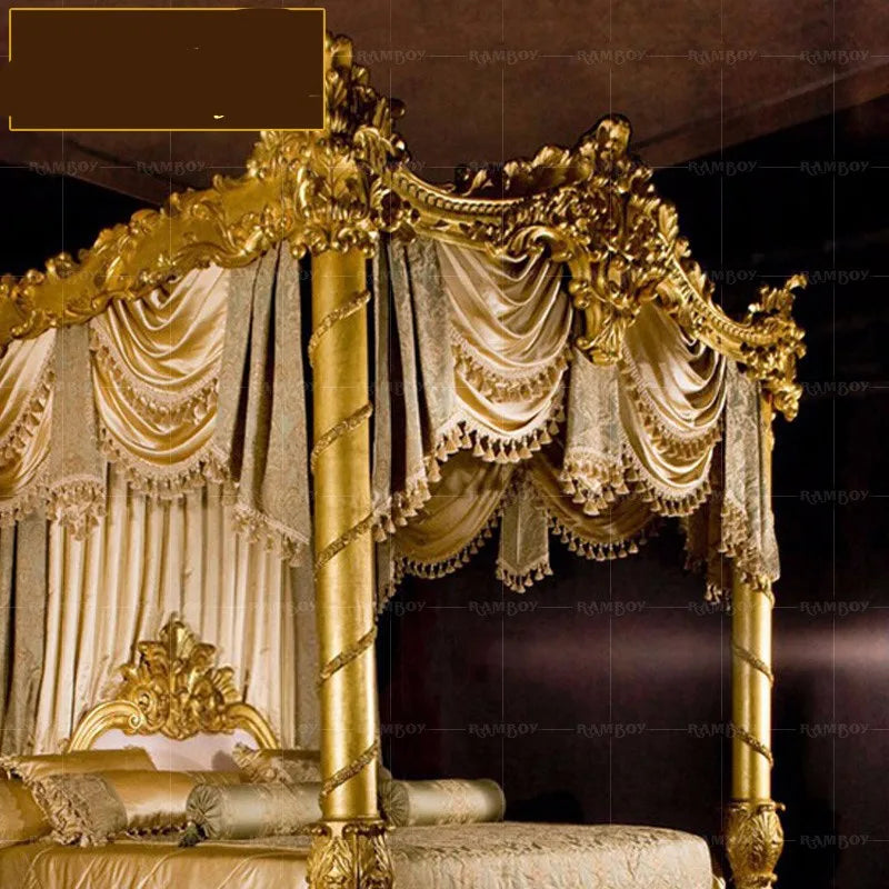 European court prince bed villa bedroom princess wedding bed Italy solid wood gold foil shelf curtain bed