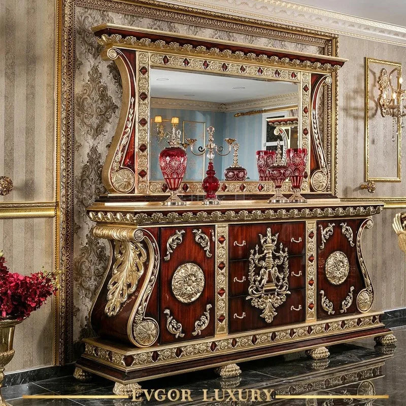 European custom solid wood dining table luxury hand carved French court high-end sideboard wine cabinet