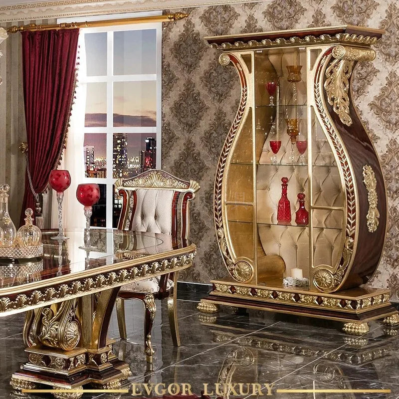 European custom solid wood dining table luxury hand carved French court high-end sideboard wine cabinet