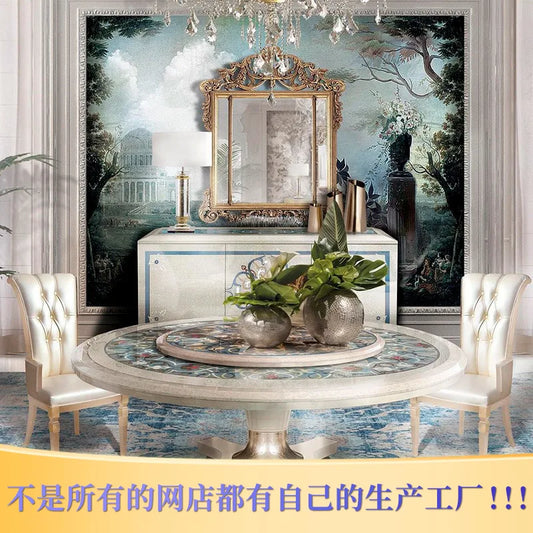 European deluxe solid wood carved table and chair combination household turntable French dining table