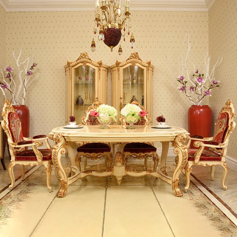 European luxury marble table and chair combination villa large solid wood carved rectangular restaurant table