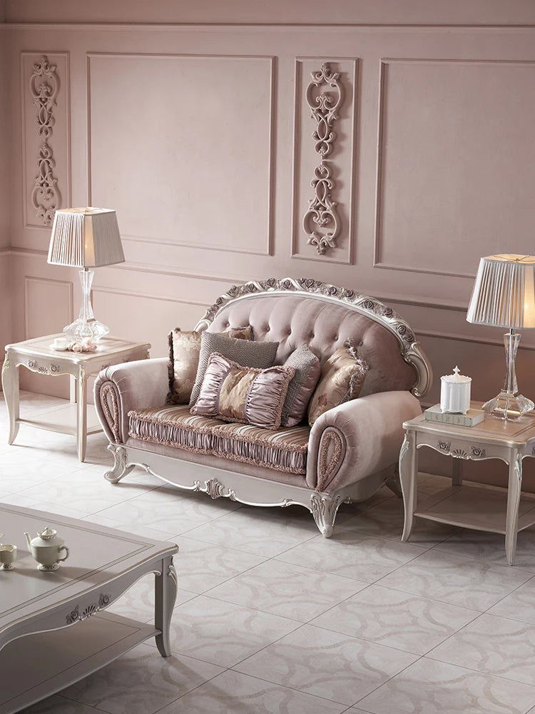 European retro solid wood fabric sofa zipper carved classical villa sofa