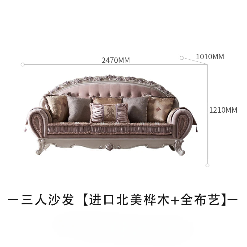 European retro solid wood fabric sofa zipper carved classical villa sofa