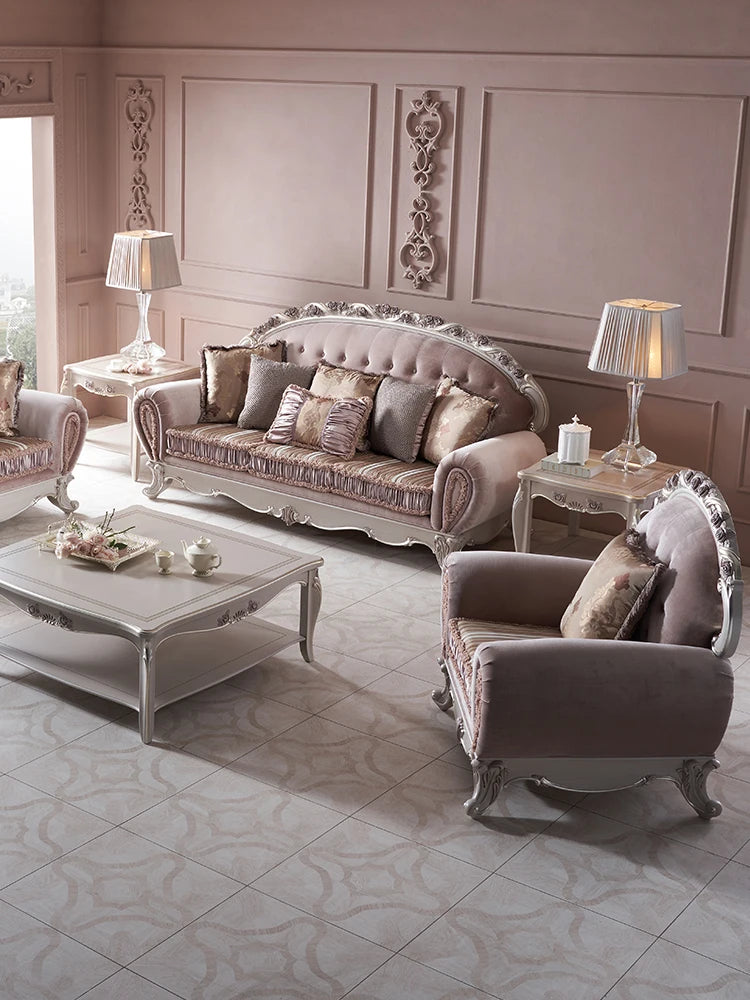 European retro solid wood fabric sofa zipper carved classical villa sofa