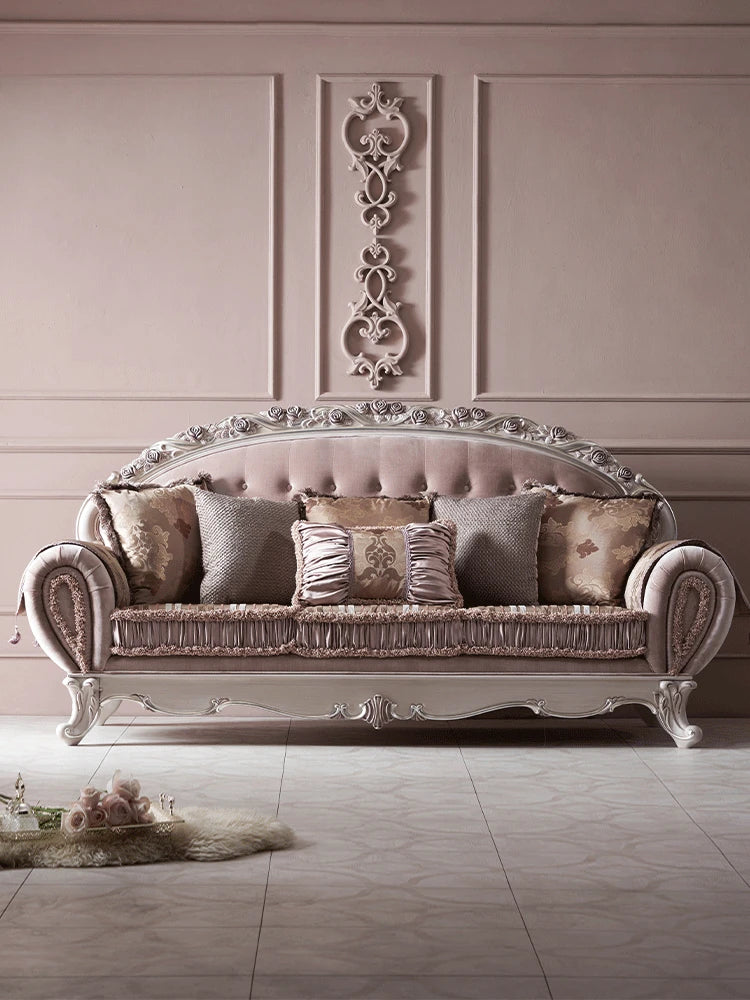 European retro solid wood fabric sofa zipper carved classical villa sofa