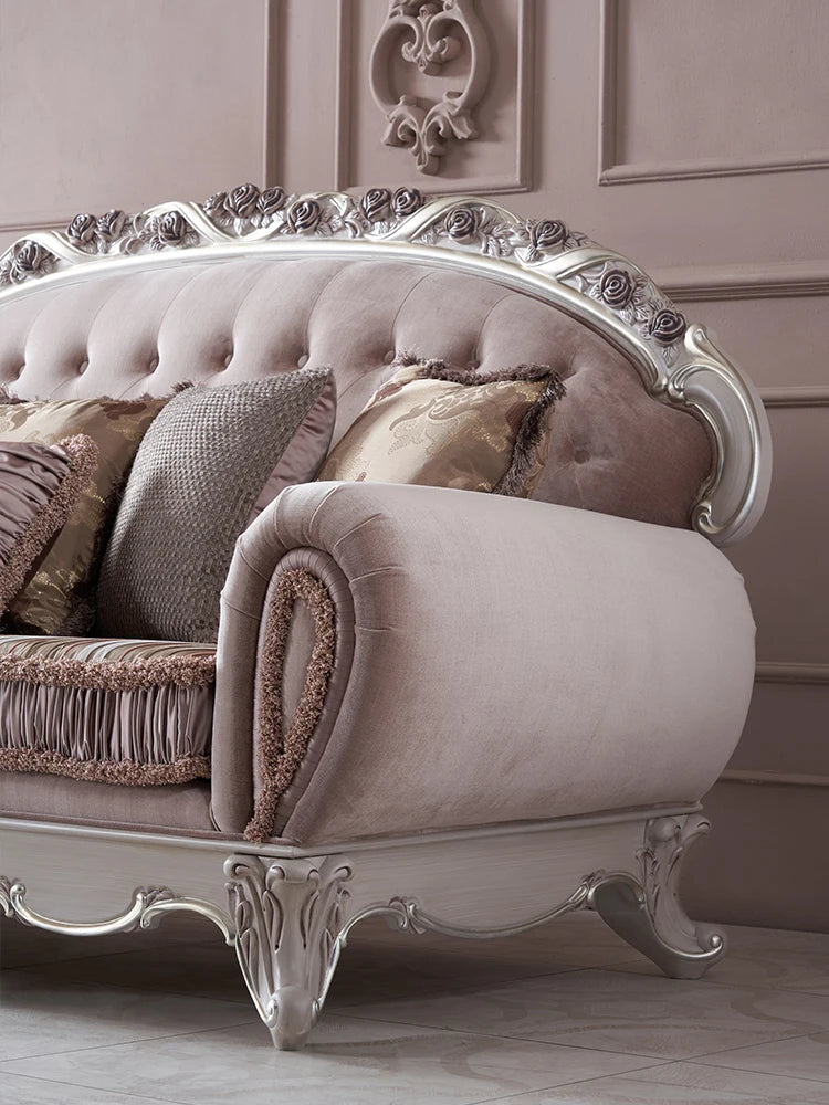 European retro solid wood fabric sofa zipper carved classical villa sofa