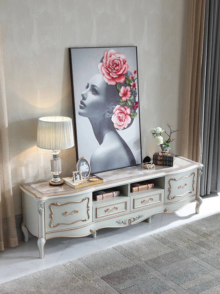 European-style 2.2m TV cabinet with solid wood and gold foil 1.9M floor cabinet locker