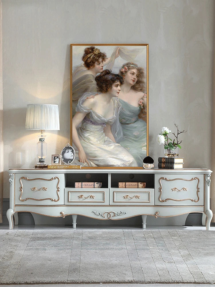 European-style 2.2m TV cabinet with solid wood and gold foil 1.9M floor cabinet locker