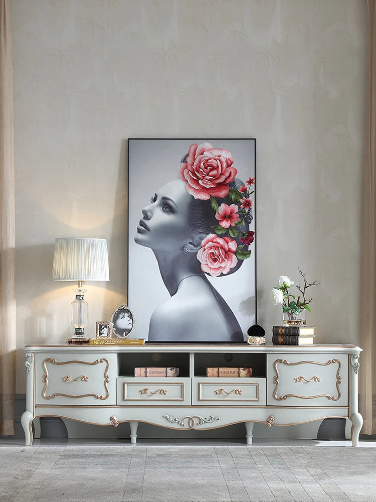 European-style 2.2m TV cabinet with solid wood and gold foil 1.9M floor cabinet locker