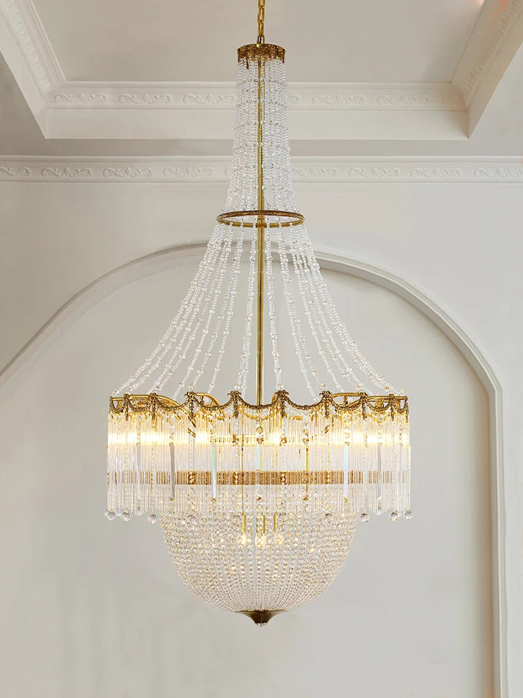 European style all copper crystal long chandelier French staircase duplex building living room creative luxury villa atmosphere