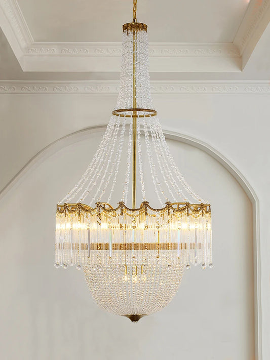 European style all copper crystal long chandelier French staircase duplex building living room creative luxury villa atmosphere