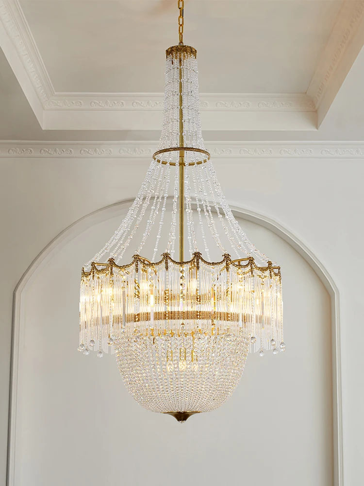 European style all copper crystal long chandelier French staircase duplex building living room creative luxury villa atmosphere