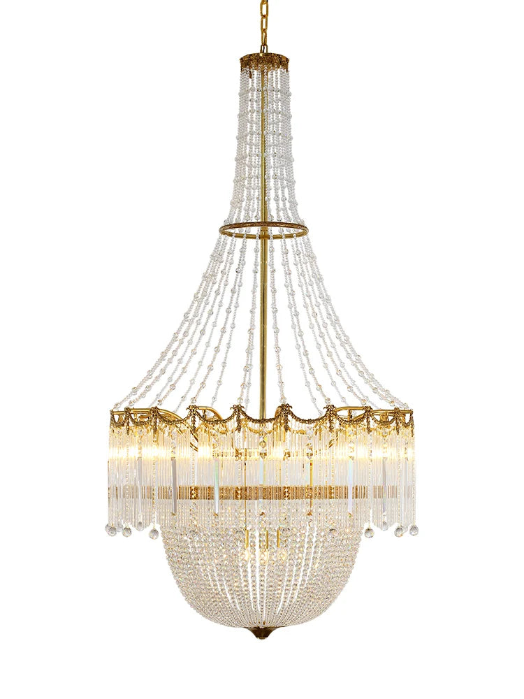 European style all copper crystal long chandelier French staircase duplex building living room creative luxury villa atmosphere