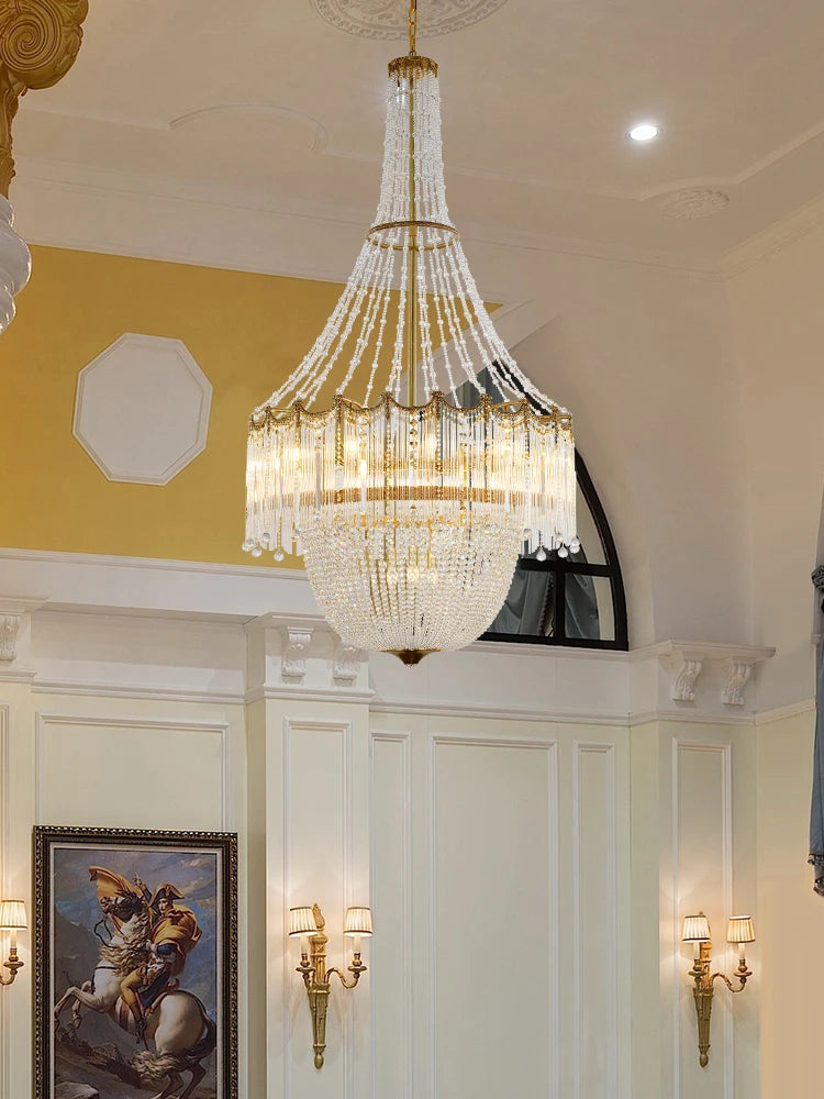 European style all copper crystal long chandelier French staircase duplex building living room creative luxury villa atmosphere