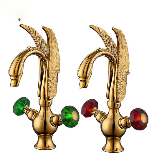 European-style antique faucet Swan hot and cold washbasin faucet Retro all-copper under-counter basin gold faucet