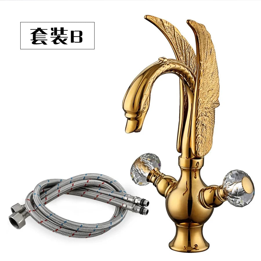 European-style antique faucet Swan hot and cold washbasin faucet Retro all-copper under-counter basin gold faucet