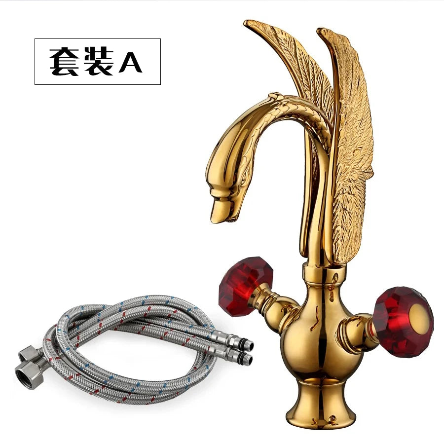 European-style antique faucet Swan hot and cold washbasin faucet Retro all-copper under-counter basin gold faucet