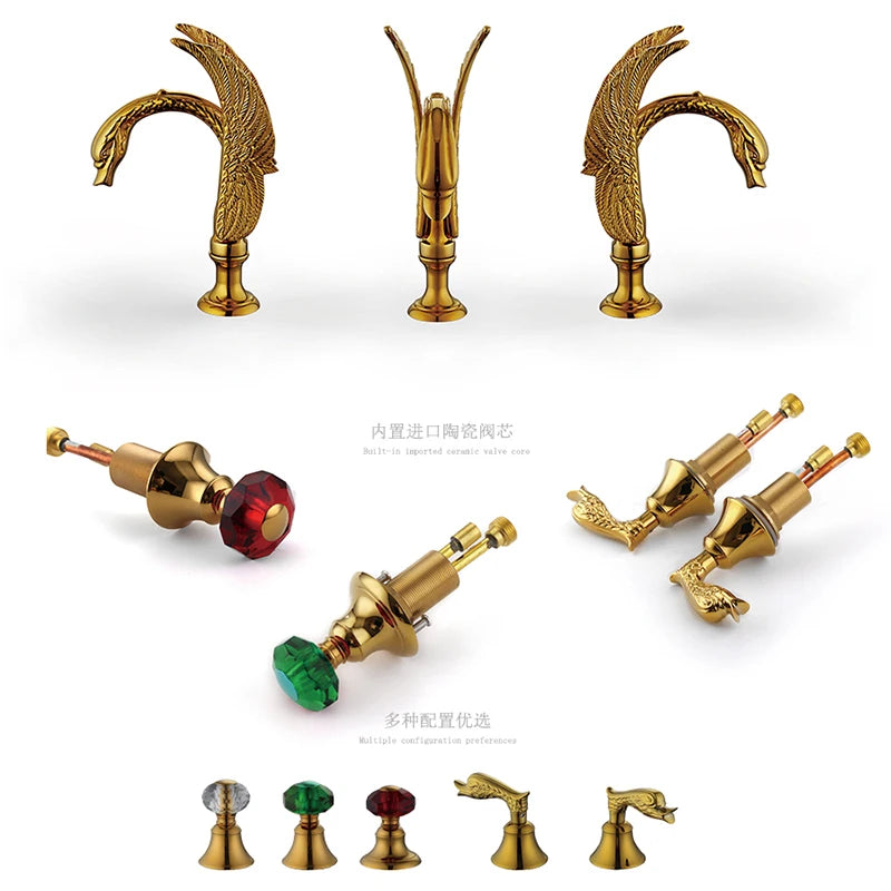 European-style antique faucet Swan hot and cold washbasin faucet Retro all-copper under-counter basin gold faucet