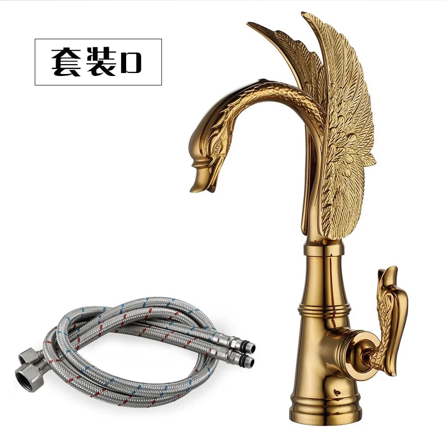 European-style antique faucet Swan hot and cold washbasin faucet Retro all-copper under-counter basin gold faucet