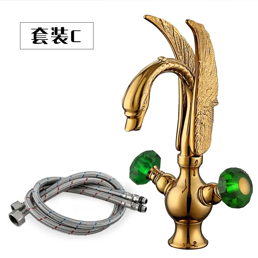 European-style antique faucet Swan hot and cold washbasin faucet Retro all-copper under-counter basin gold faucet
