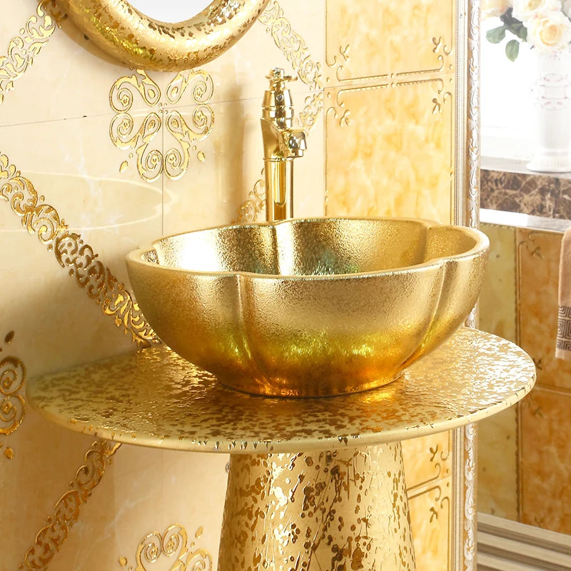 European-style art column basin washbasin bar floor-to-ceiling washbasin ceramic gold integrated washbasin