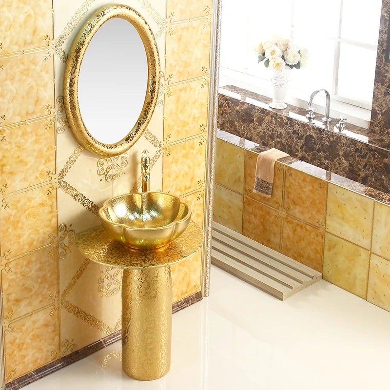 European-style art column basin washbasin bar floor-to-ceiling washbasin ceramic gold integrated washbasin