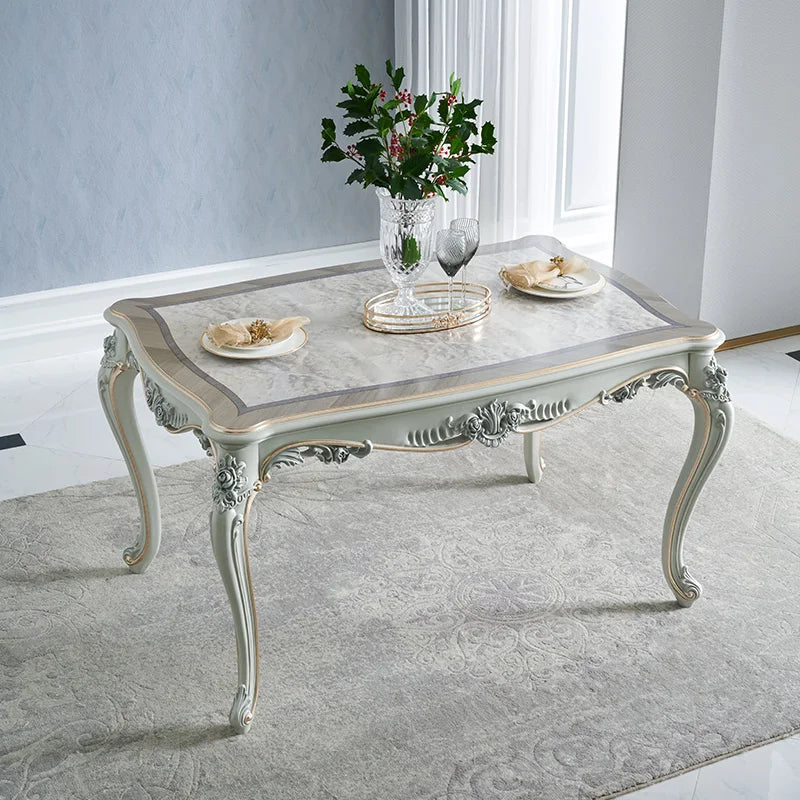 European style carved 1.4 dining table, painted wood grain dining table, solid wood dining table and chair combination