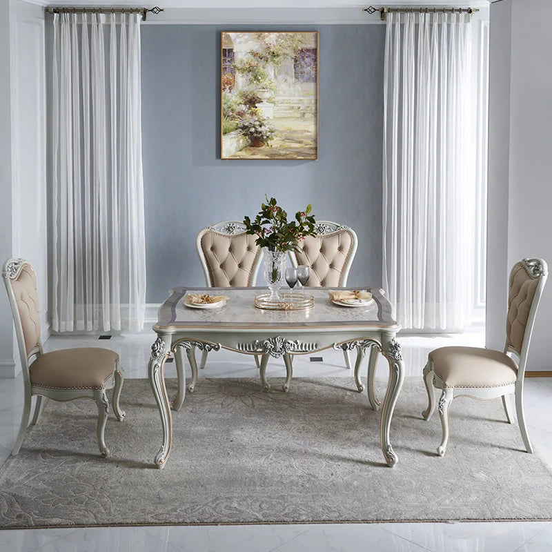 European style carved 1.4 dining table, painted wood grain dining table, solid wood dining table and chair combination