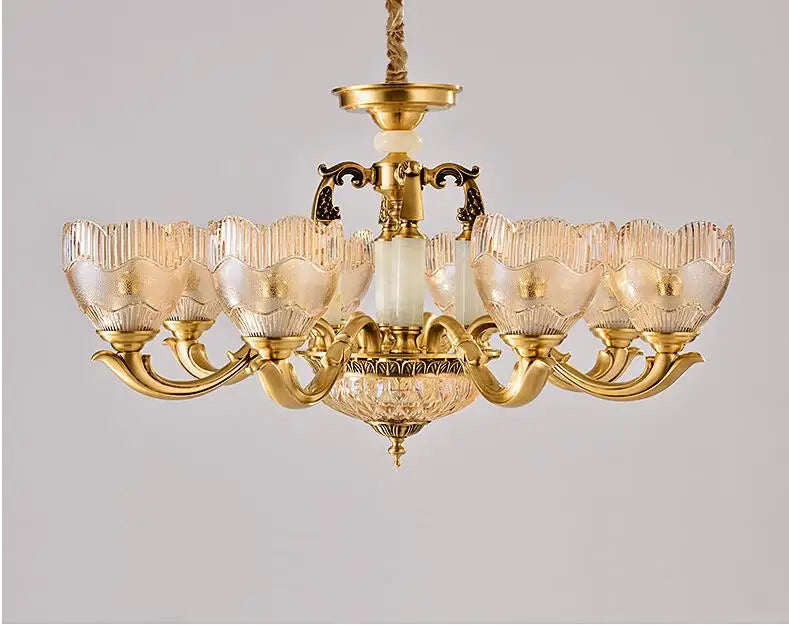 European style carved copper jade crystal chandelier for living room luxury villa dining bedroom lamp