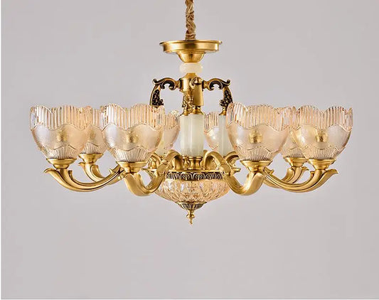 European style carved copper jade crystal chandelier for living room luxury villa dining bedroom lamp