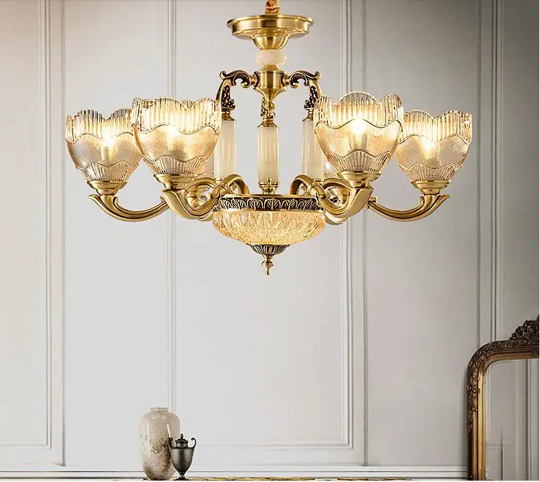 European style carved copper jade crystal chandelier for living room luxury villa dining bedroom lamp