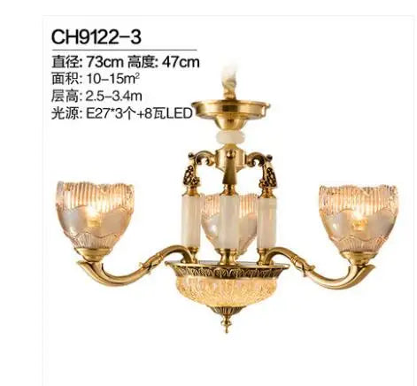 European style carved copper jade crystal chandelier for living room luxury villa dining bedroom lamp