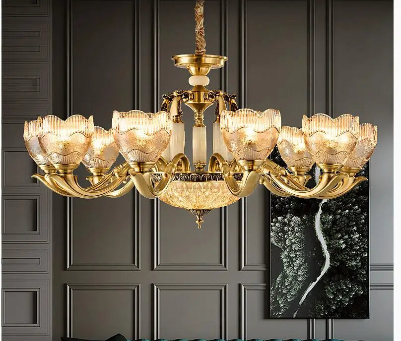 European style carved copper jade crystal chandelier for living room luxury villa dining bedroom lamp