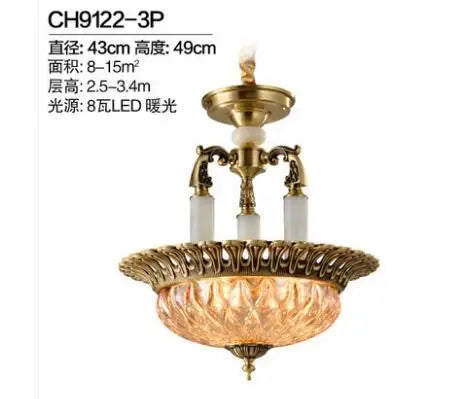 European style carved copper jade crystal chandelier for living room luxury villa dining bedroom lamp