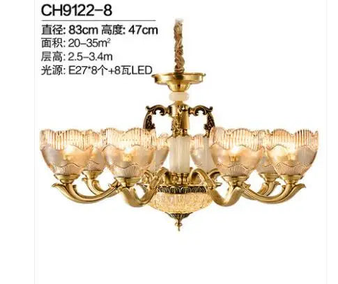 European style carved copper jade crystal chandelier for living room luxury villa dining bedroom lamp