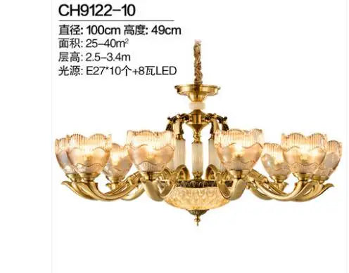 European style carved copper jade crystal chandelier for living room luxury villa dining bedroom lamp