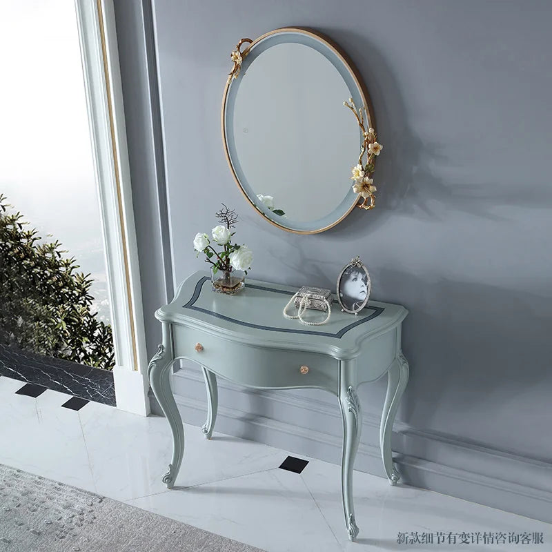 European style dressing table, small unit bedroom, solid wood dressing table, metal frame dressing mirror