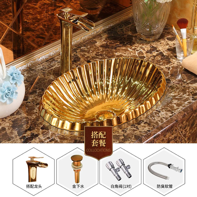 European-style local tyrant gold table basin bathroom creative wash basin oval golden washbasin art basin washbasin