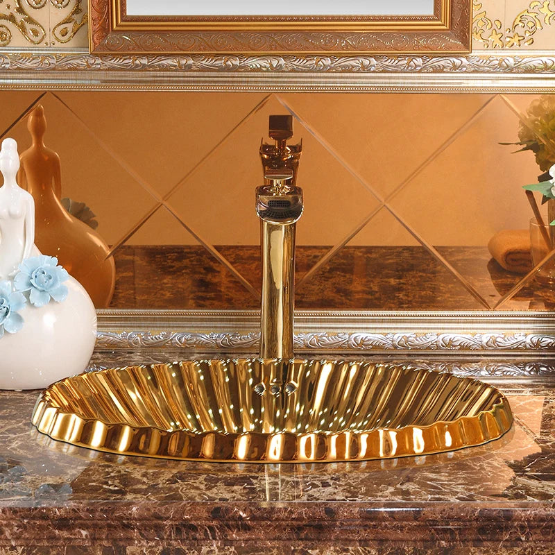 European-style local tyrant gold table basin bathroom creative wash basin oval golden washbasin art basin washbasin