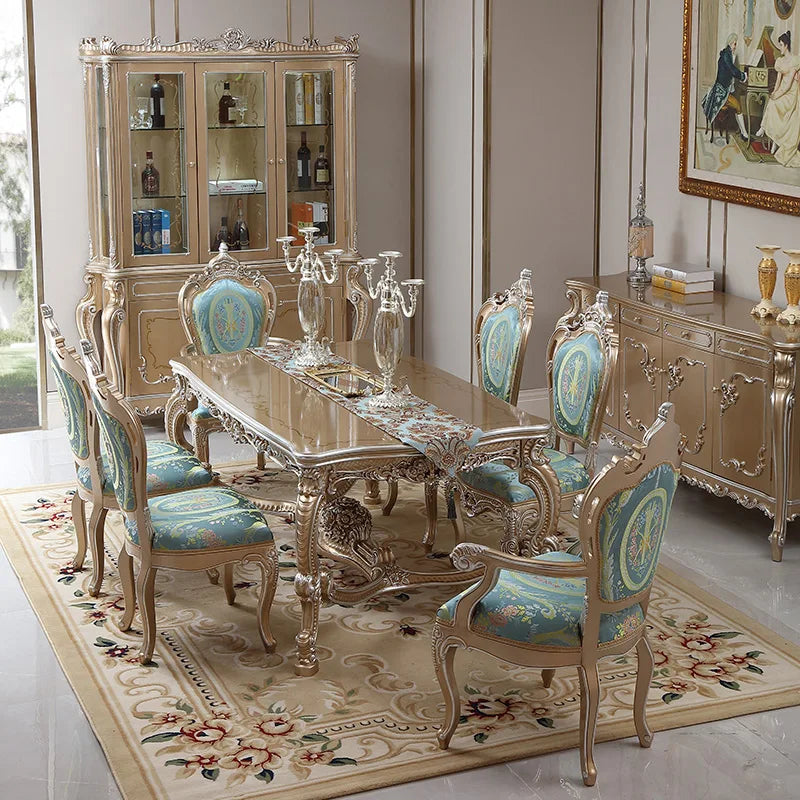 European style luxury solid wood villa dining table chairs, living room carved dining chairs